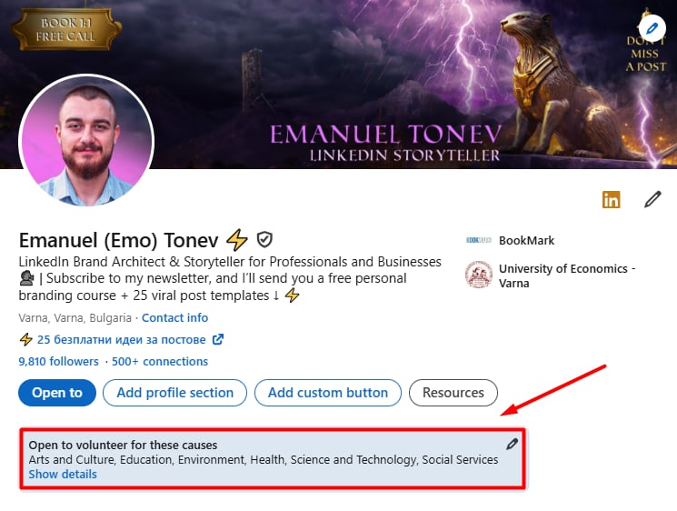 Screenshot showcasing the Open to Volunteer option on a personal LinkedIn profile
